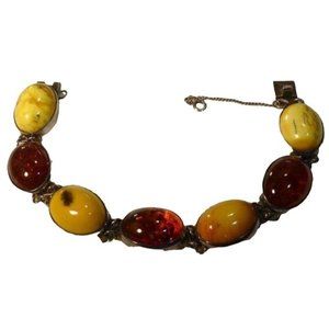 Vintage Sterling Silver & Amber Bracelet Butterscotch Egg Yolk & Honey Signed